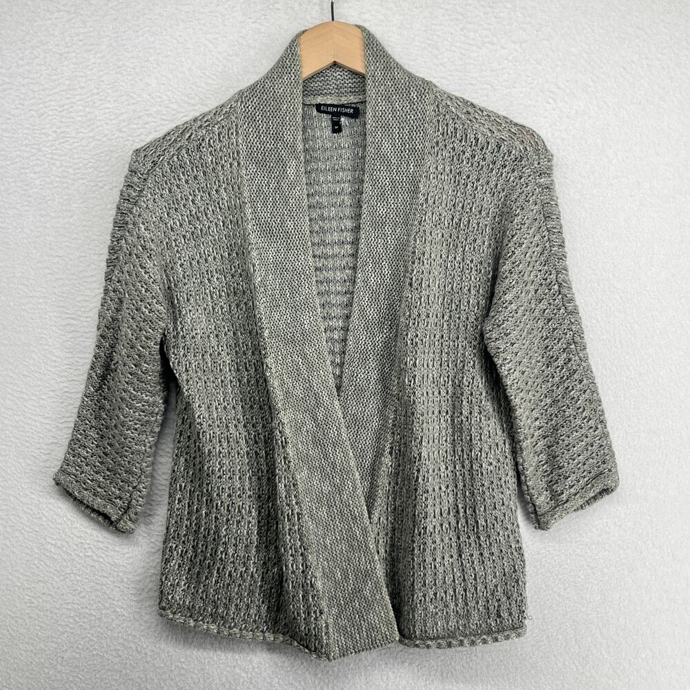 EILEEN FISHER Cardigan M Cotton Slub Chunky Sweater Open Front 3/4 Sleeve Gray